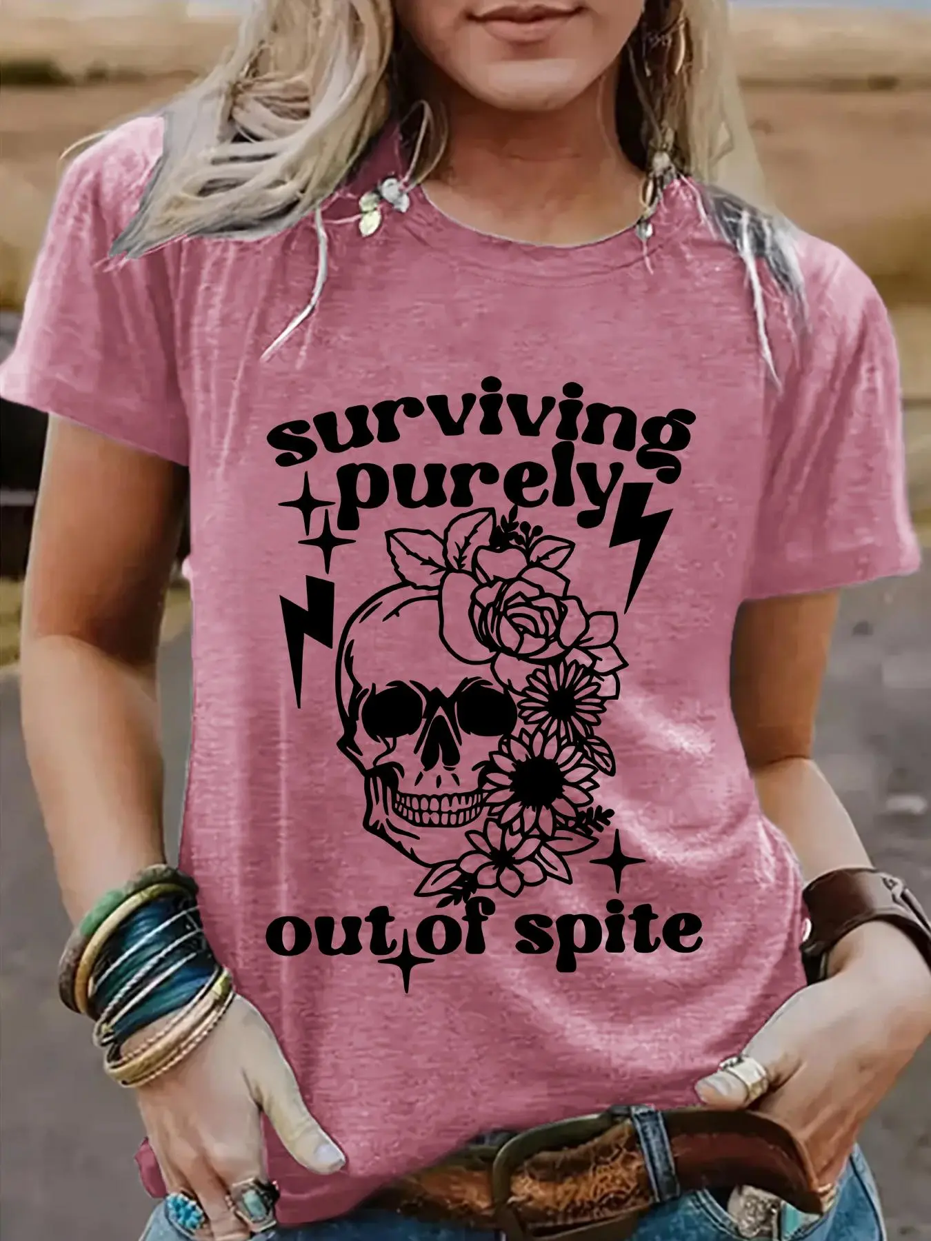 Women's Floral & Skull Print Round Neck Tee, Fashion Casual Letter Graphic Crew Neck T-Shirt for Daily Holiday Vacation Outdoor Wear, Ladies Clothes for Summer