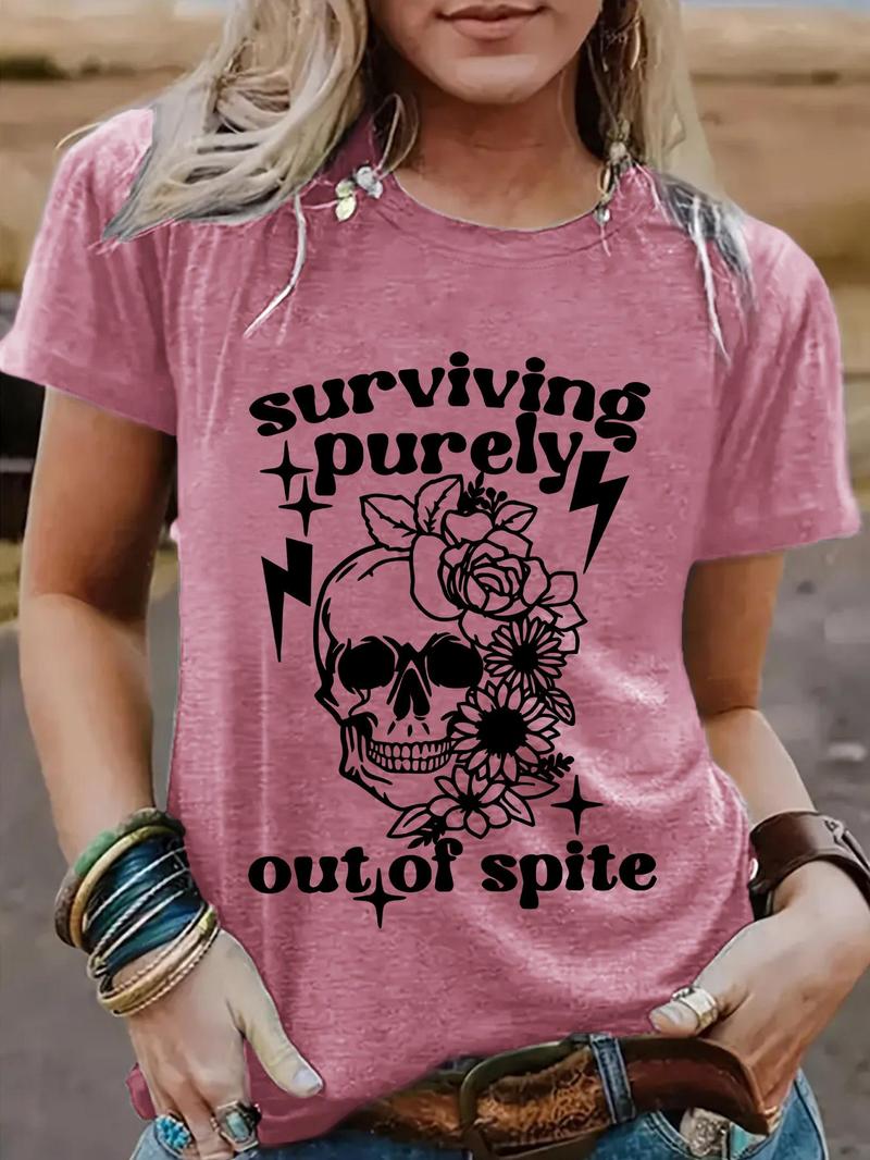 Product Introduction of Women's Floral & Skull Print Round Neck Tee, Fashion Casual Letter Graphic Crew Neck T-Shirt for Daily Holiday Vacation Outdoor Wear, Ladies Clothes for Summer 1