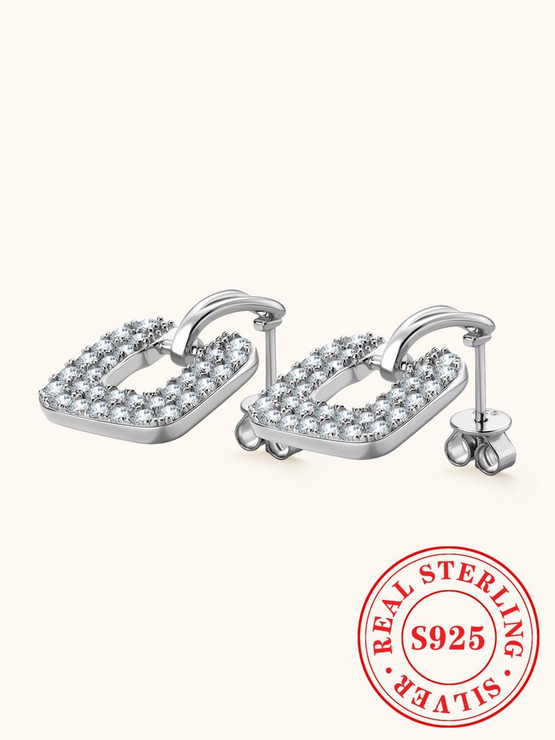 Product Introduction of S925 Sterling Silver Fashion Square Shaped Earrings, 2024 New Style Synthetic Moissanite Decorated Earrings, Trendy All-match & Exquisite Jewelry for Birthday Gift 8