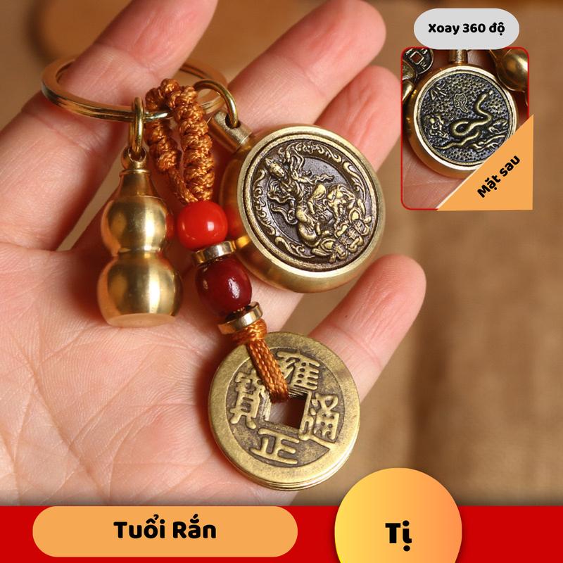 Móc khoá Đồng Thau hai mặt 12 con giáp 8 mặt Phật, tặng bình hồ lô, dây 5 Đồng xu, ( cát chu sa và bình hồ lô) Móc Chìa Khoá Móc Khóa Bản mệnh 12 con giáp Nam Nữ móc  khóa 5