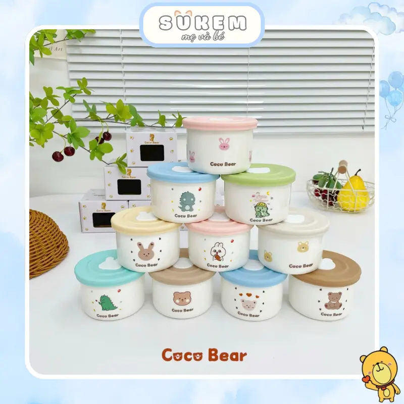 Hũ Sứ Chia Vạch Cocobear Nấu Đồ Ăn Dặm, Trữ Đông Thức Ăn Cho Bé ( Bát Sứ, Thố Sứ ) Kèm Nắp Đậy 0