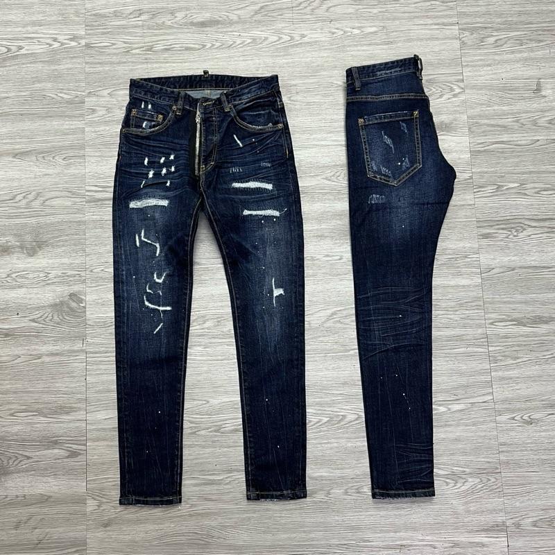 QUẦN JEAN NAM MÃ D2-25 XANH RÁCH VẨY SƠN KHOÁ LỆCH CÓ VÁ 4 CÚC , BÒ DÀI CAO CẤP , CO DÃN , PHOM ÔM CHÂN D-S-Q , Có Túi