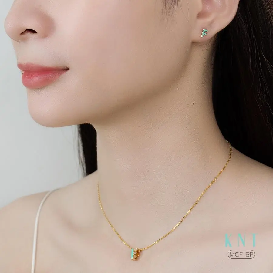 Dây Chuyền vàng tây 10k “Sea LA Vie” Chữ F tráng men phủ sứ xanh  - Dây chuyền nữ [Kim Ngọc Thủy]