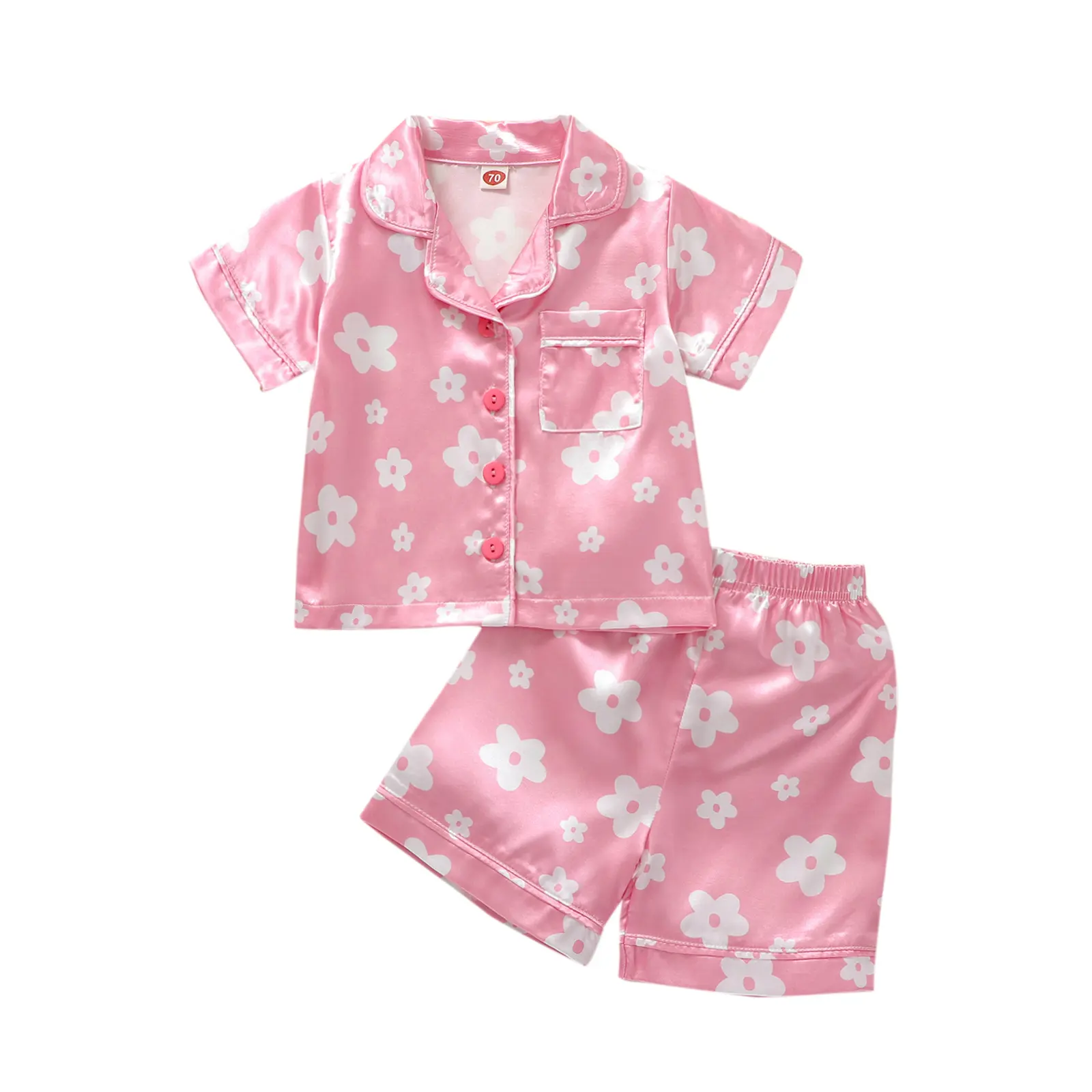Kid Girl Pajamas, Short Sleeve Lapel Neck Floral Print Buttons Tops + Loose Short Pants