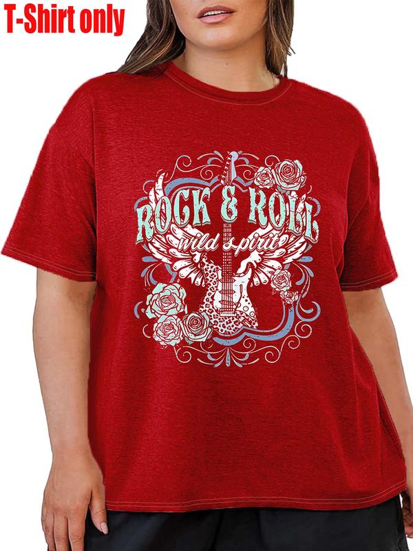 【Plus Size】 Women's Rock & Roll Letter & Guitar Print Round Neck Tee, Casual Short Sleeve T-shirt for Daily Wear, Ladies Clothes for All Seasons 2