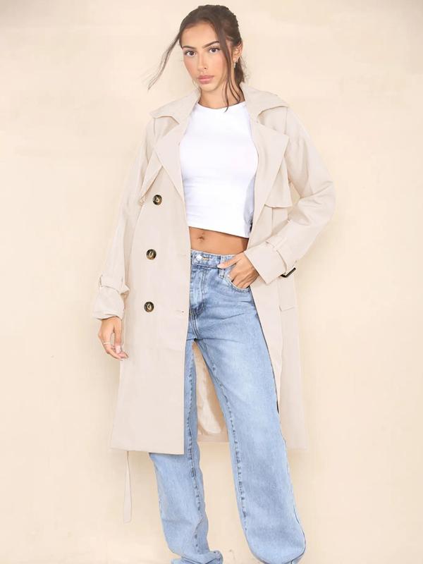 Women's Solid Double Button Belted Trench Coat, Elegant Lapel Neck Long Sleeve Coat for Fall & Winter, Women's Clothing for Daily Wear 4