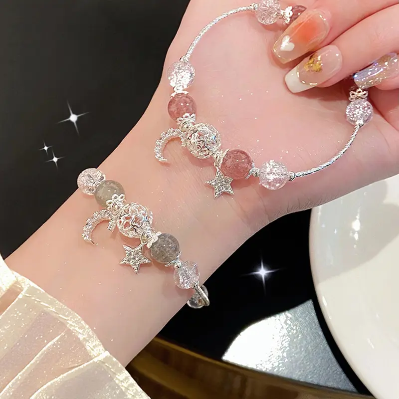 Vòng Tay Màu Hồng Tinh Tế Cho Nữ, Dễ Thương, Ngôi Sao, Mặt Trăng, Chuỗi Kim Loại, Hạt, Quà Tặng Em Gái Và Bạn Gái