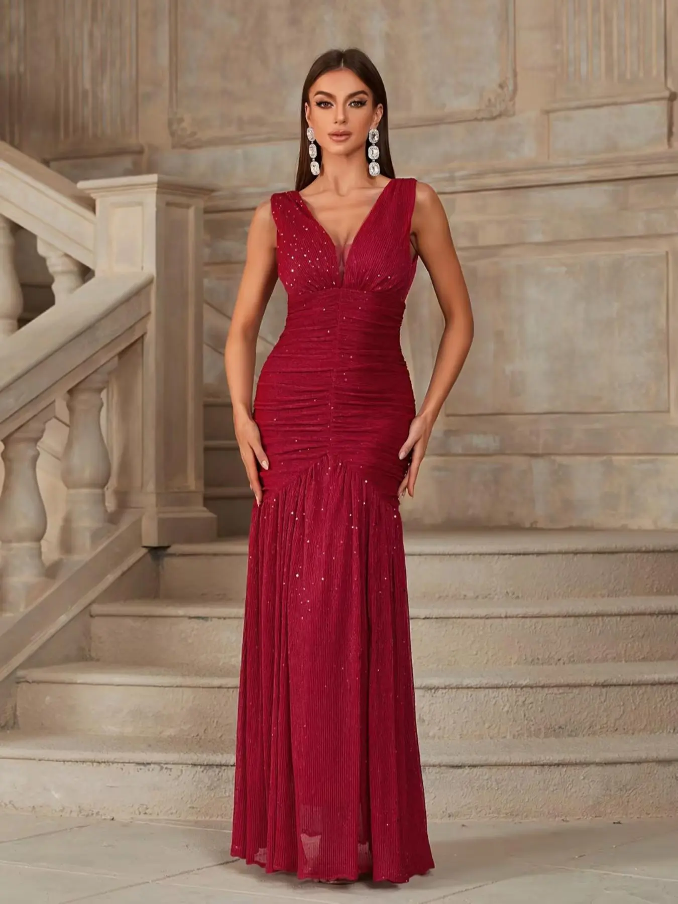 Women's Glitter Ruched Backless Zipper Back Evening Dress, Elegant V Neck Sleeveless Maxi Dress for Evening Party Gown, Ladies' Clothes for All Seasons