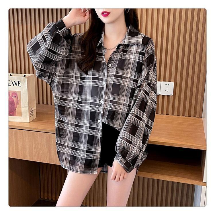 Product Introduction of Sun Protection Clothing for Women Thin Plaid Chiffon Shirt Oversize Coat for Women Breathable New Summer Loose Shirt Women 14