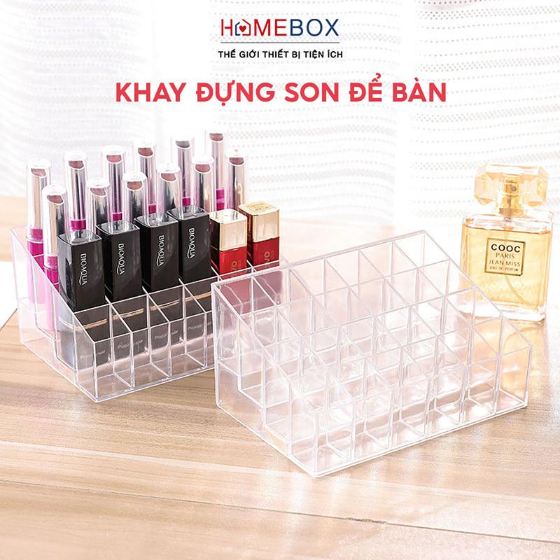 Khay đựng son 24 ô nhựa Mika trong suốt, Hộp nhựa để bàn đựng mỹ phẩm cọ trang điểm son môi