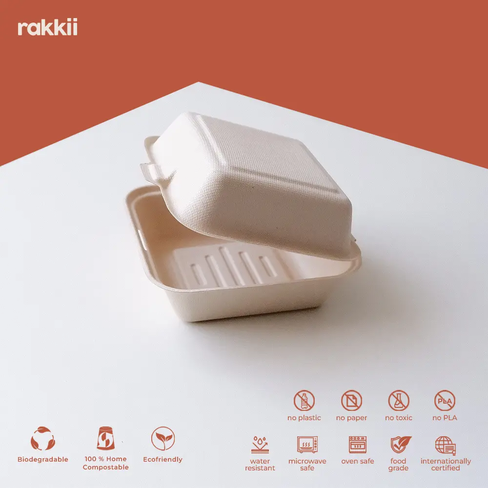 Rakkii - [10 pcs] Bagasse Box Bento Burger Korea Cake Mochi Bites Lunch Box 15 x 15 cm Natural 6 Inch kotak kitchenware