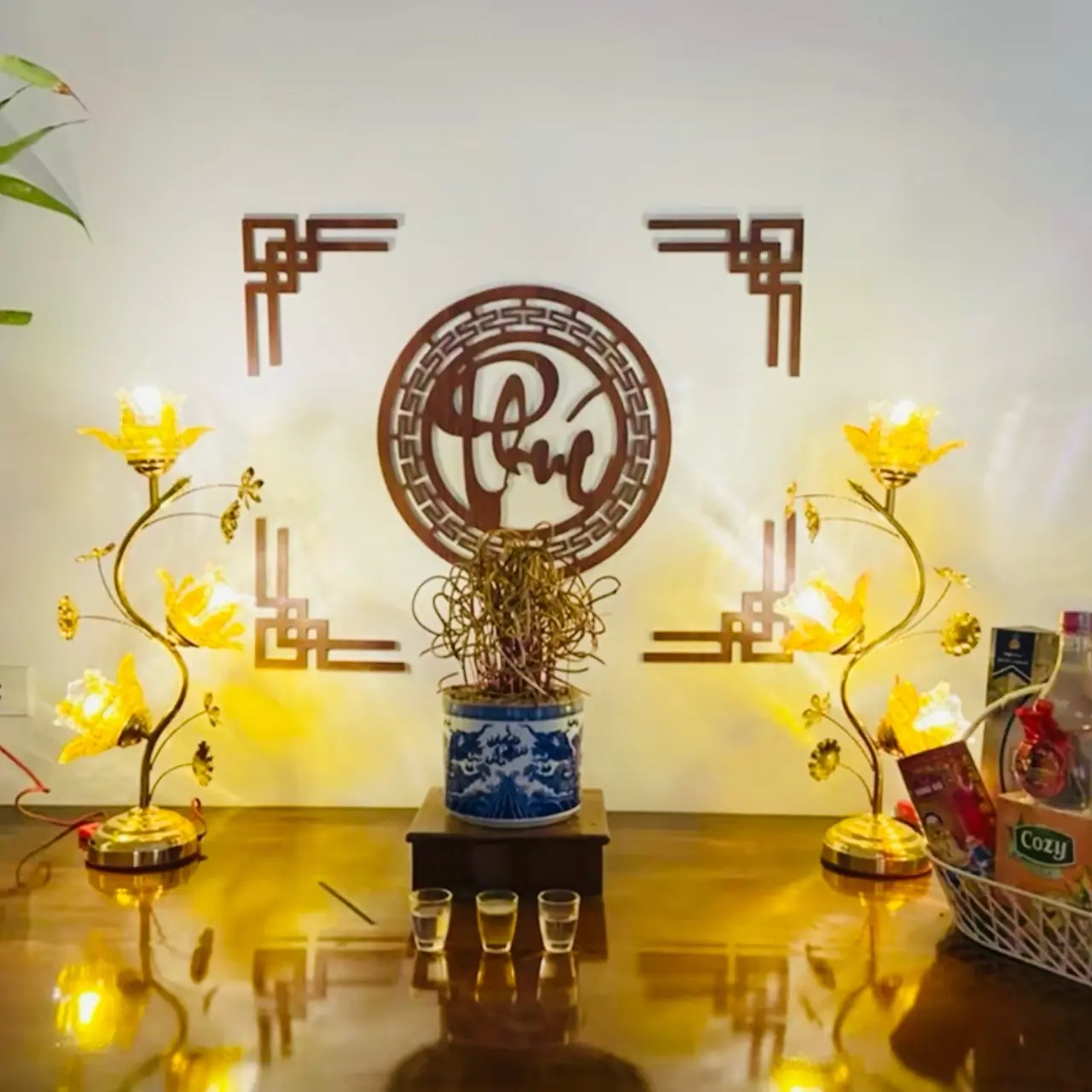 cặp đèn thờ bông thuỷ tinh 3 bông cao 35cm,45cm,55cm