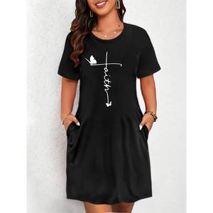 Vestido camiseta estampado de moda, cuello redondo, mangas cortas, casual, con parche de transferencia de calor para viajes, adecuado para verano y primavera, ropa de mujer.