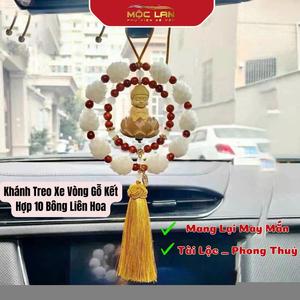 Vòng Gỗ Kết Hợp 10 Bông Liên Hoa Và Phật Thích Ca Gỗ Hoàng Dương, Khánh Treo Gương Chiếu Hậu ô Tô Nội Thất Nhựa