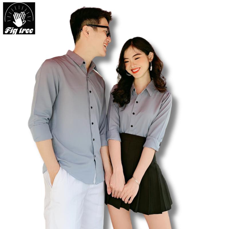 Aó Sơ Mi Nam Và Nữ Fig Tree( Sét giá 1 áo )-  Màu Xám Ghi Chất Cotton Trơn mềm mịn, Lên Dáng Thanh Lịch. Menswear Nhung