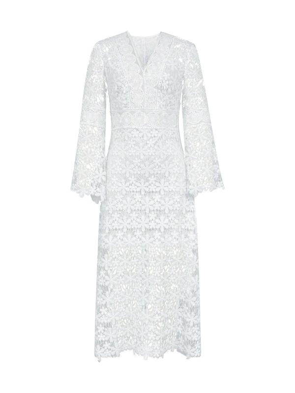 Women's Floral Lace Flounce Sleeve Dress, Elegant V Neck Long Sleeve A Line Dress for Party Holiday Wedding Guest, Ladies Clothes for All Seasons 2