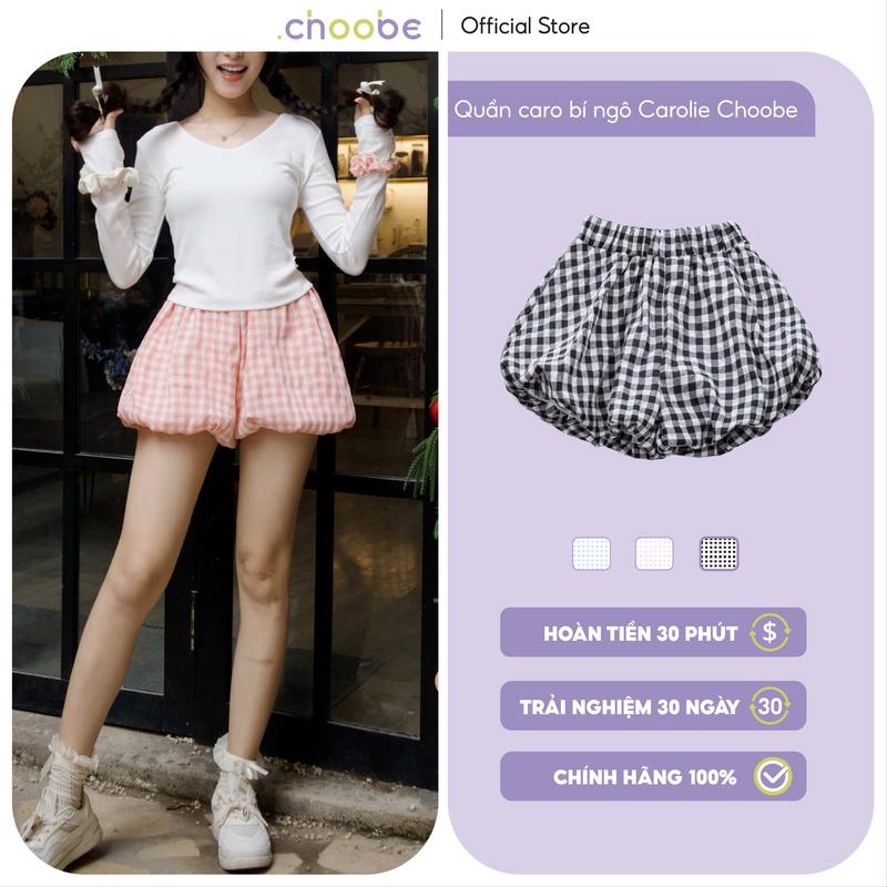 Quần đùi nữ Choobe bí ngô kẻ caro short cạp chun dáng phồng QS20