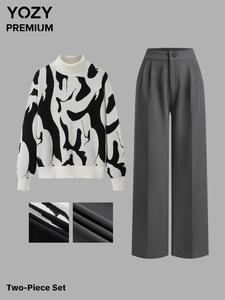 YOZY Women's Solid Button Pants & Sweater Set, Casual Pants & Sweater Set, Women's Spring & Fall Clothes