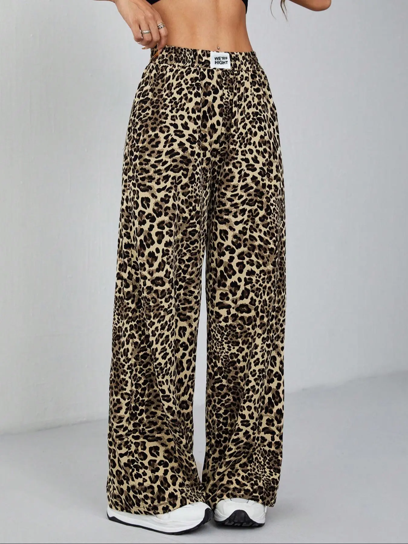 Women's Leopard Print Patched Pocket Design Wide Leg Pants, Casual Elastic Waist Trousers for Daily Wear, Ladies Bottoms for All Seasons Cheetah Pants Girl Original, Pretty Attitude Clothes Cheetah Pants Girl