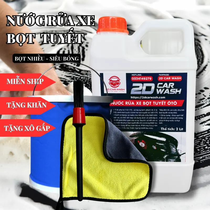 Nước rửa xe 2dcarwas 2L chất lượng cao bọt tuyết siêu bóng sơn Tặng: xô + Khăn 25x25 + cọ nhựa 2