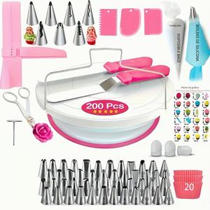 Juego de decoración de pasteles de 200 piezas con plato giratorio, puntas de manga pastelera, bolsas de pastelería y herramientas de repostería, ideal para cupcakes y galletas, suministros de decoración de pasteles, para Año Nuevo, Día de San Valentín