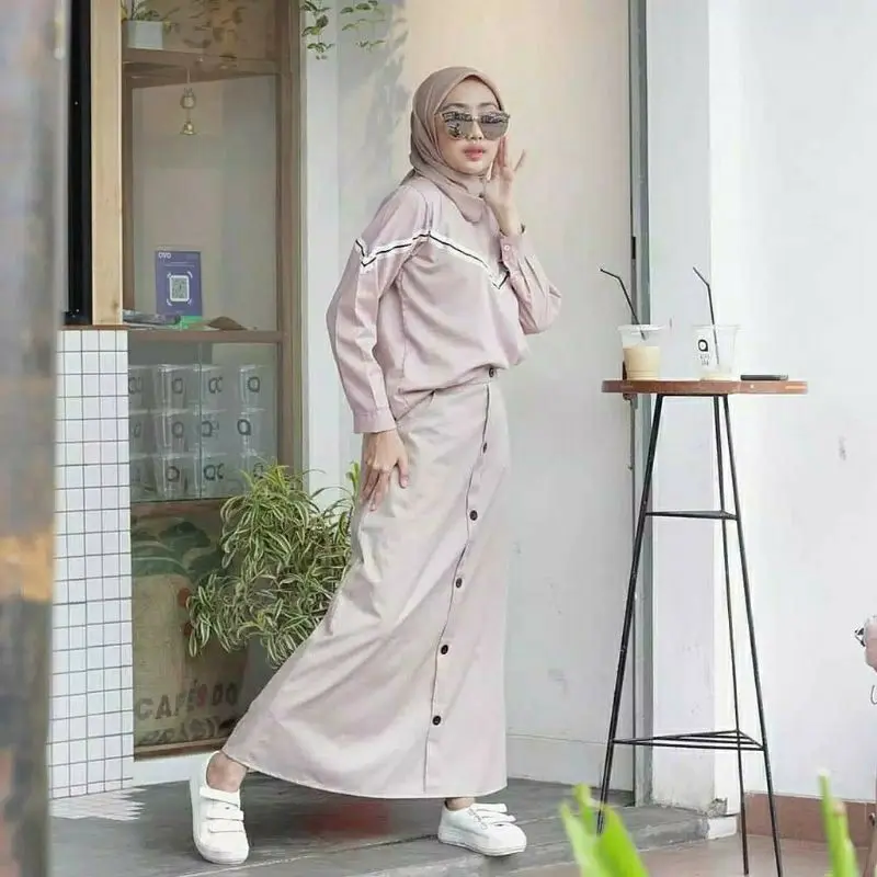 Casual Button Skrit Rok Panjang Mode Kancing terbaru dan kekinian Polos Belakang Karet Wanita A-Line Polos 1