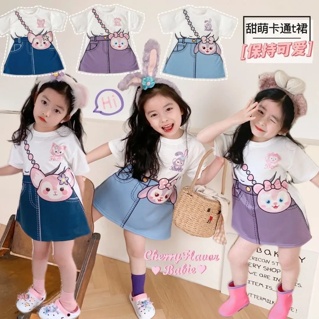 Váy Bé Gái, Bộ Sưu Tập Mùa Hè Mới, Váy Denim Giả Hai Lớp, Phong Cách Hoạt Hình, Dành Cho Trẻ Em, Váy Dài Trung Bình Thích Hợp Cho Bé Gái, Hợp Xu hướng, Xu Hướng T