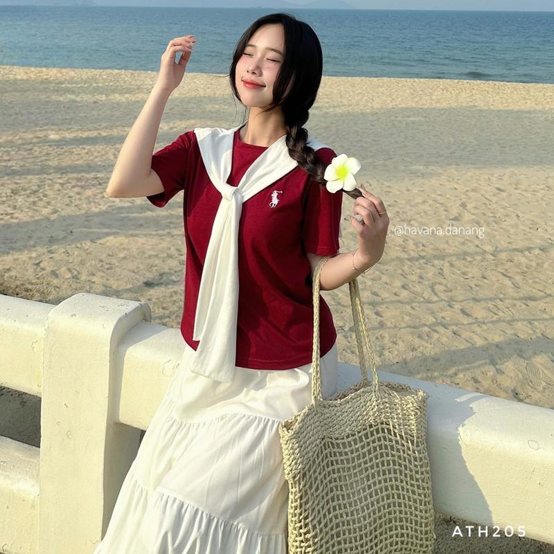 Áo babytee thêu logo con ngựa kèm khoác choàng thuỷ thủ, áo basic hot trend HAVANA ATH205