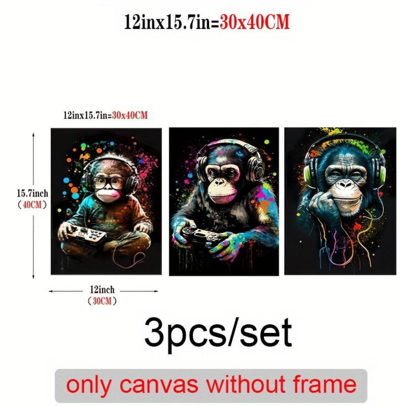 Product Introduction of Monkey & Game Console Pattern Wall Art Poster, 3 Counts Canvas Painting Without Frame, Decorative Modern Hanging Pictures For Living Room Bedroom Office 3