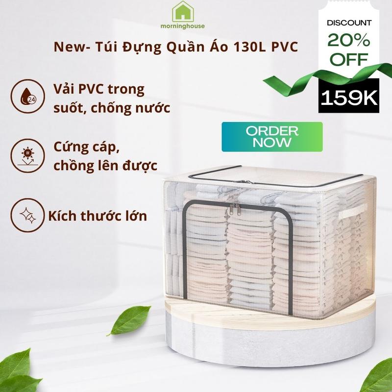 Túi Đựng Quần Áo Khung Thép 130L vải PVC , Thùng Đựng Quần Áo Gấp Gọn Morning House,  Túi Vải Đựng Đồ Chất Liệu PVC trong suốt, chống thấm nước, cứng cáp
