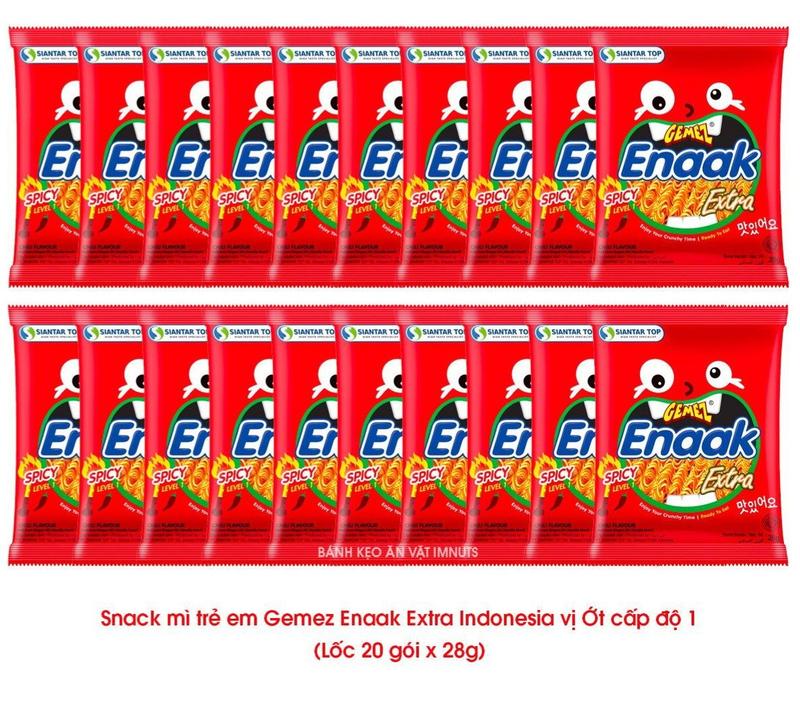 Product Introduction of Snack mì trẻ em Gemez Enaak Extra Indonesia vị Ớt cấp độ 1 lốc 20 gói x 28g  Thức Ăn Food Cay 1