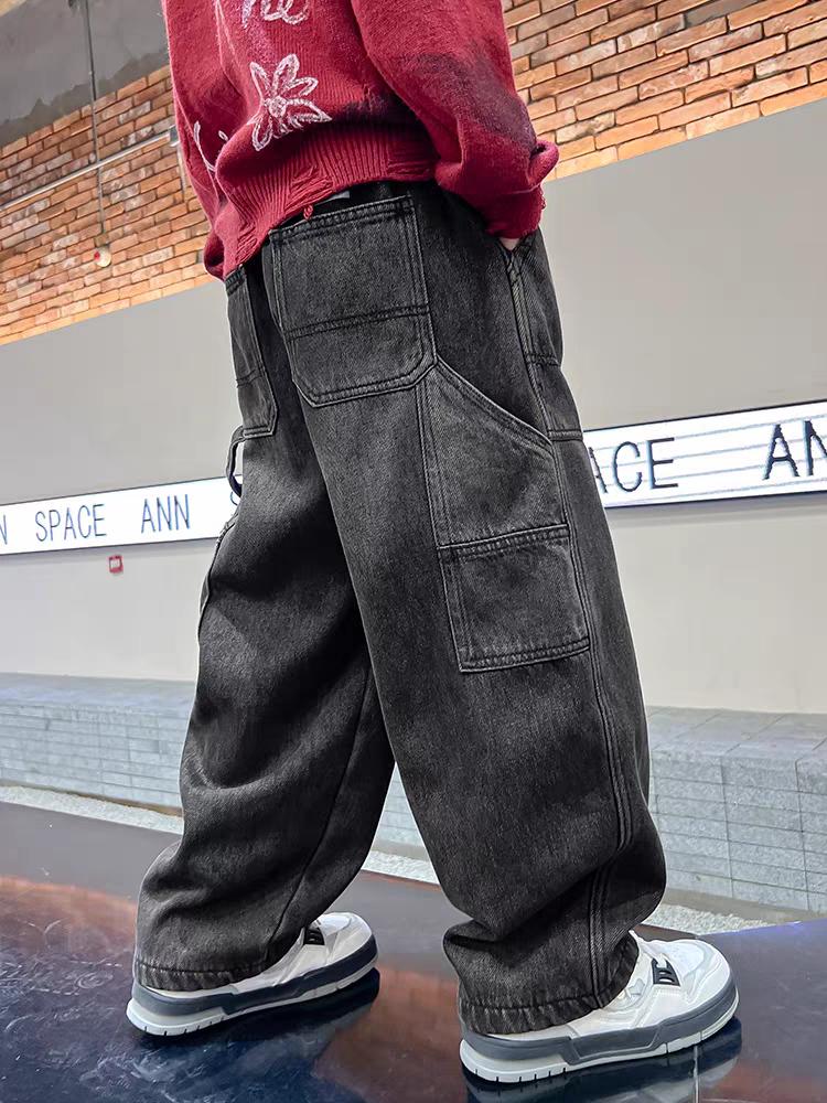 Product Introduction of Quần Jean Xuông Hiphop Túi Dây và AG Sau Túi Cho Bé - Dòng Sản Phẩm Mới Nhất, Đen/Xanh, Sz10-15 quan  ring trai 46ki 12
