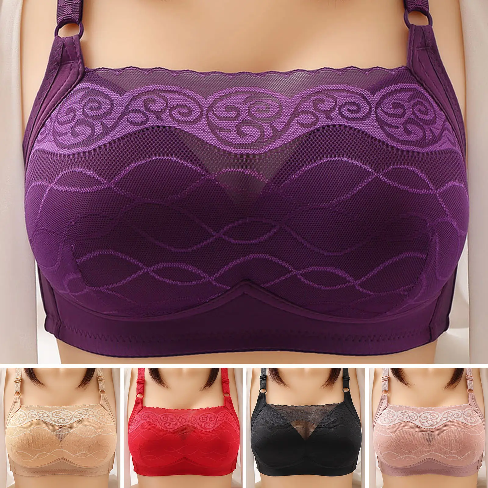 Mid-aged Women Bandeau Lace Stitching Bra Adjustable Shoulder Straps Push-up Seamless Solid Color Wireless Sexy Brassiere