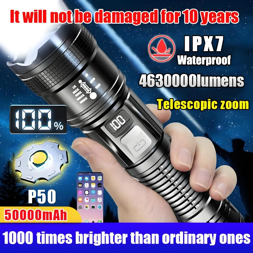 Ultra-Bright 50,000W LED Flashlight – Rechargeable, Waterproof Torch with 128 Hours Continuous Use – Ideal for Outdoor Adventures