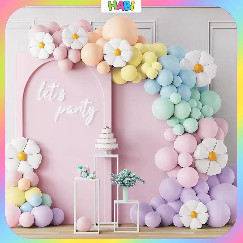 Set bóng bay trang trí sinh nhật màu pastel hoa cúc siêu xinh tặng kèm bơm tay băng dính, dây kết dải bóng