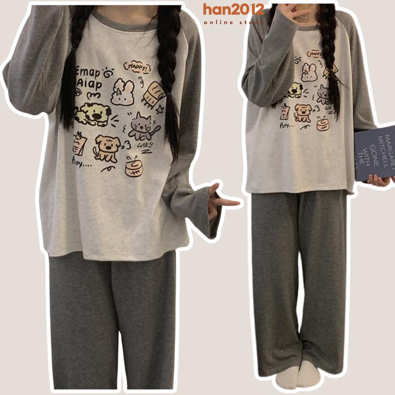 Bộ Nỉ Nữ Cute Áo Tay Dài Phối Raglan Dáng Rộng & Quần Suông Ống Rộng Cạp Chun - Chất Vải Nỉ Da Cá - Size 38-65kg - Women bộ nỉ Ong Top