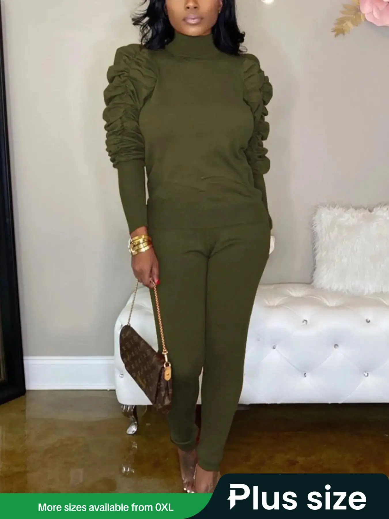【Plus Size】 Two-Piece Set Solid Ruched Top & Skinny Pants, Casual Fashion Cozy High Neck Top & Trousers for Daily Outdoor Wear, Women's Outfits for Spring & Fall