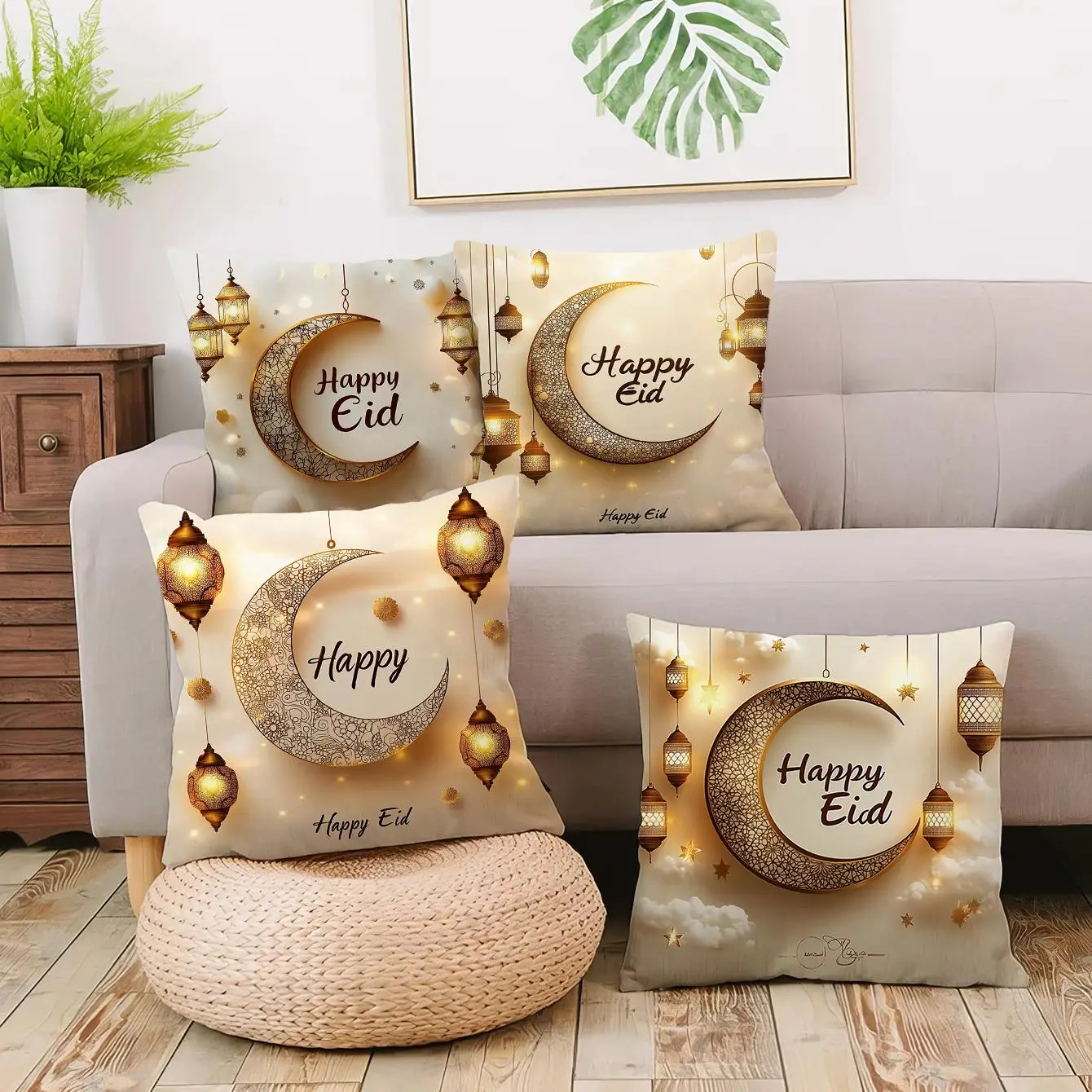 Eid Mubarak Cushion Cover, 4 Counts/set Square Throw Pillow Cover without Filler, Household Decoration Supplies for Home Living Room Bedroom