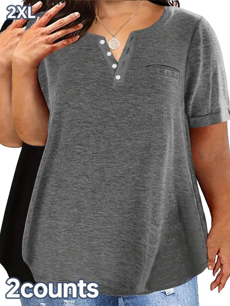 Product Introduction of 【Plus Size】 Plain Button Front Pocket Round Neck Tee, Casual Fashion Short Sleeve T-Shirt for Summer, Women's Plus Clothing for Daily Wear 2