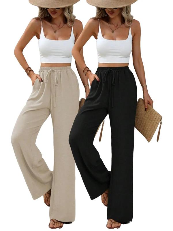 Women's Plain Pocket Tie Front Elastic Waist Straight Leg Pants, Casual High Waist Wide Leg Trousers for Daily Wear, Ladies Bottoms for All Seasons, Baggy Pants 2