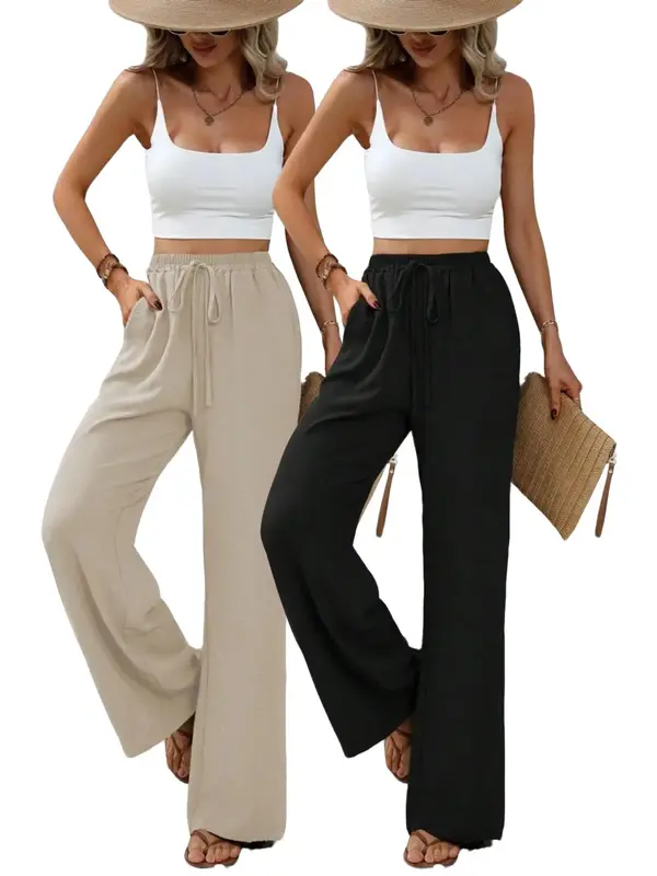 Women's Plain Pocket Tie Front Elastic Waist Straight Leg Pants, Casual High Waist Wide Leg Trousers for Daily Wear, Ladies Bottoms for All Seasons, Baggy Pants 2
