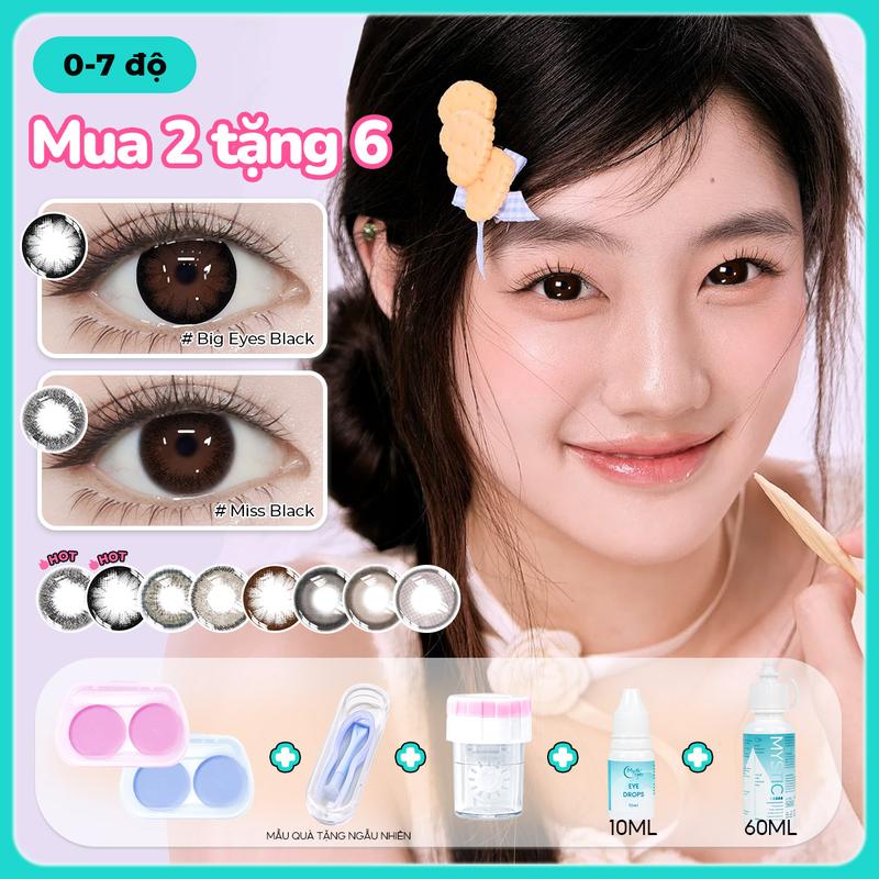 Mua 2 tặng 6 Kính áp tròng 14mm 14,2mm 14,5mm 0-7 độ Nhiều màu sắc Hàm lượng nước 40% Dùng một lần trong nửa năm Thoải mái khi đeo mysticeyes UYAAI và COMBO 6 món đi kèm
