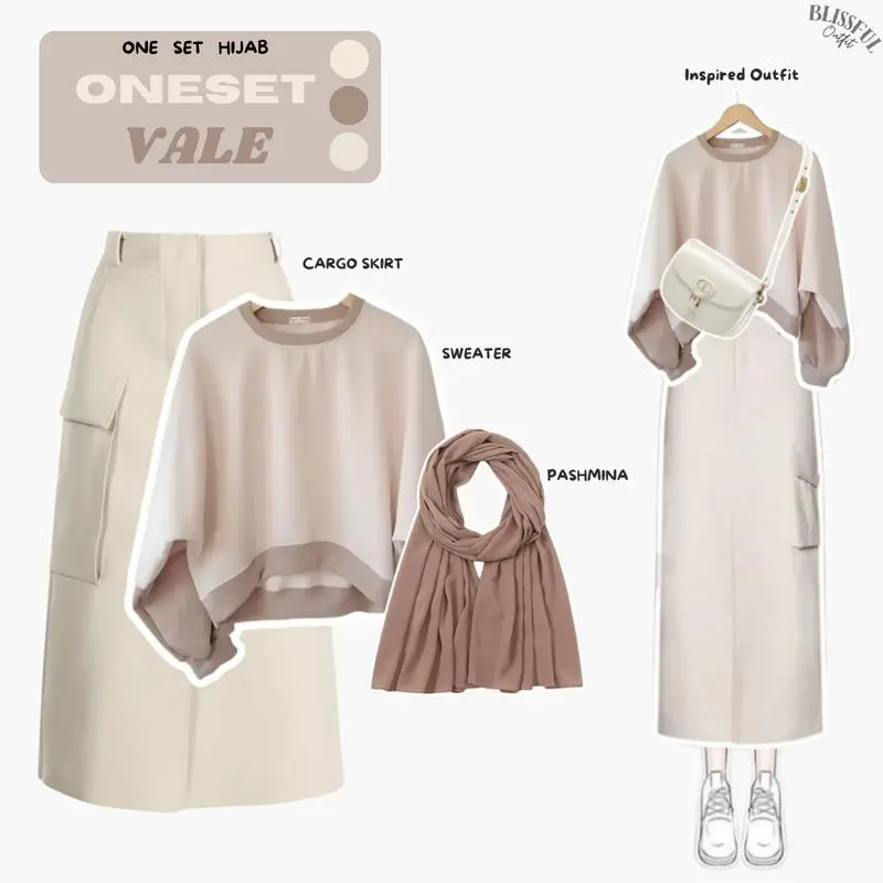 RAMADHAN SALE VALE Oneset Outfit Wanita, Sweater Crop, Rok Cargo, Pashmina Ceruty, OOTD Hijab Kantong Karet Katun Muslim