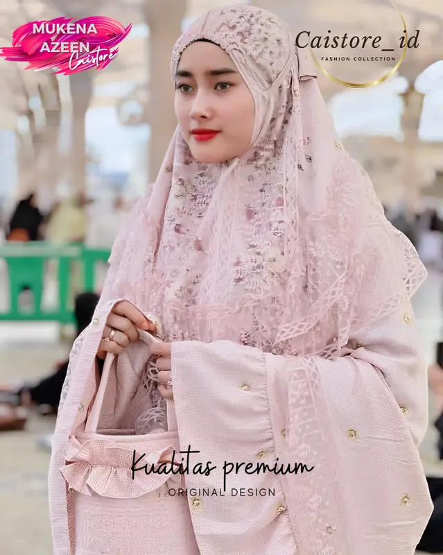 Mukena Azeen Alfurqon Dewasa Silk Renda Mewah Premium Cantik Adem Nyaman  Free Pouch Traveling Muslim Bawahan Atasan Kombinasi Bunga 3