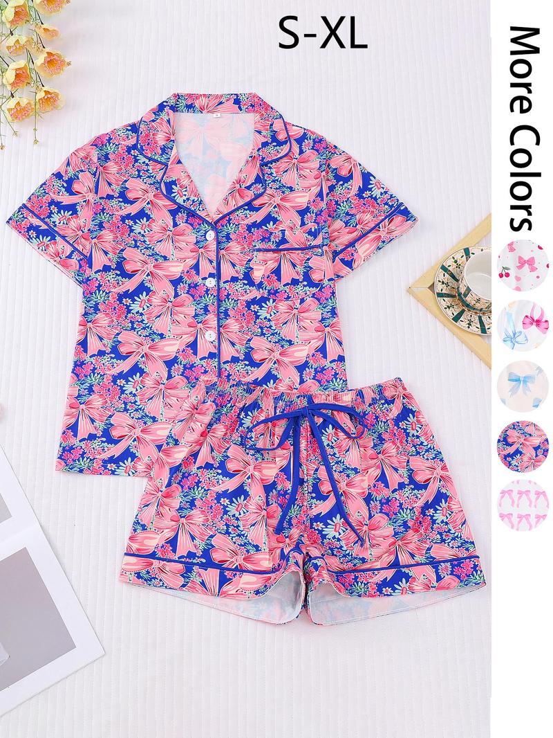 Product Introduction of Women's All Over Print Pajama Set, Casual Comfy Short Sleeve Lapel Neckline Pocket Shirt & Shorts PJ Set, Ladies Summer Sleepwear 4