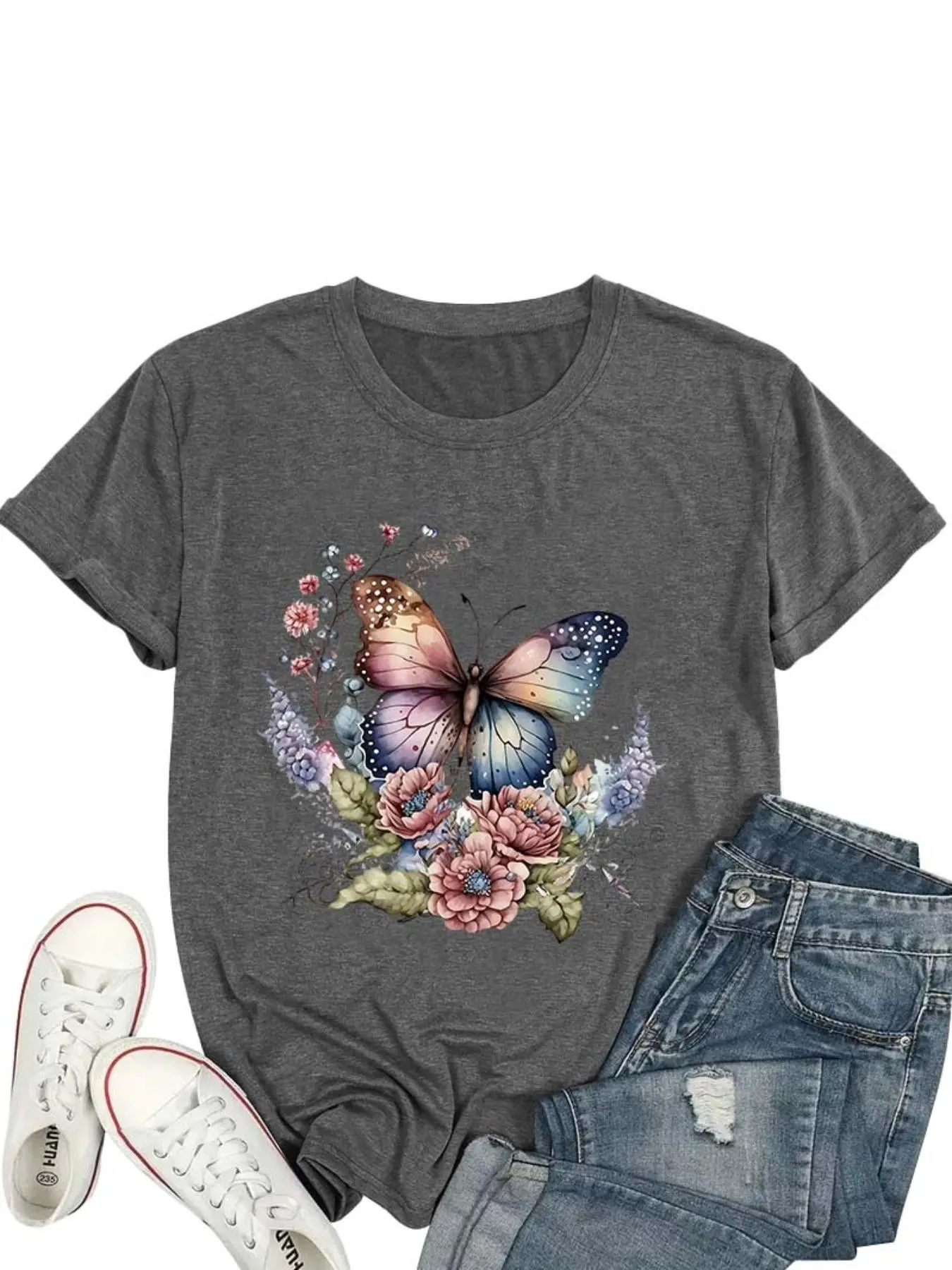 【Plus Size】 Butterfly & Floral Print Round Neck Tee, Fashion Casual Crew Neck Short Sleeve T-shirt for Daily Outdoor Wear, Women Plus Clothing for Summer
