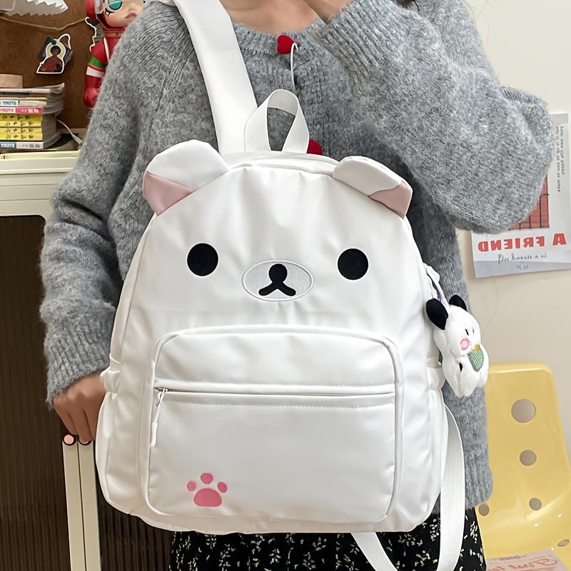 Product Introduction of Chic Bear-Themed Nylon Backpack for Women - Casual School & Travel Daypack, Solid Color with Practical Pockets, Available in White/Brown/Yellow 22