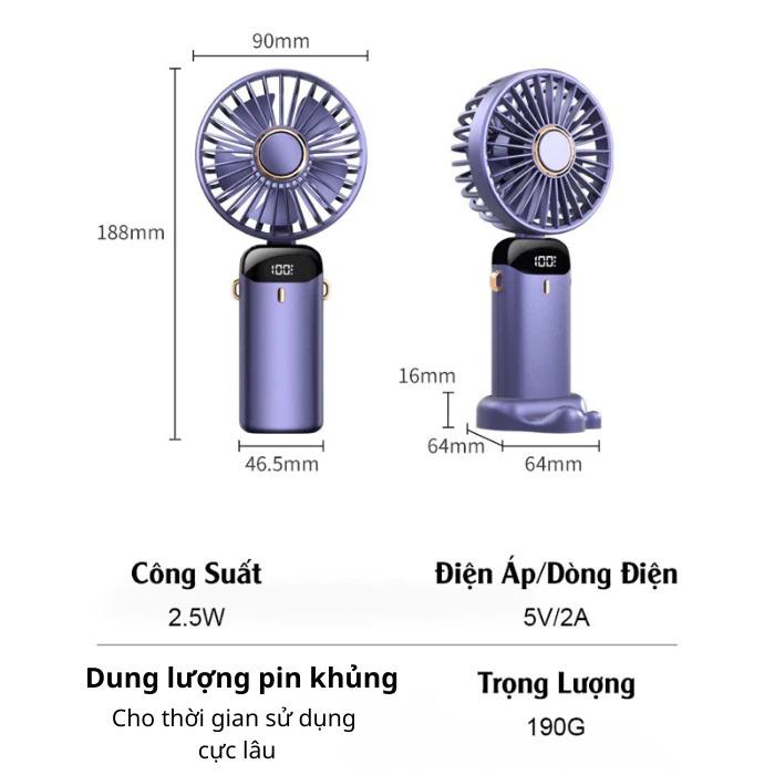 Quạt tích điện mini cầm tay N15, Quạt mini để bàn 5 cấp độ gió, Quạt cầm tay thiết kế nhỏ gọn mang đi học đi chơi tiện lợi 2