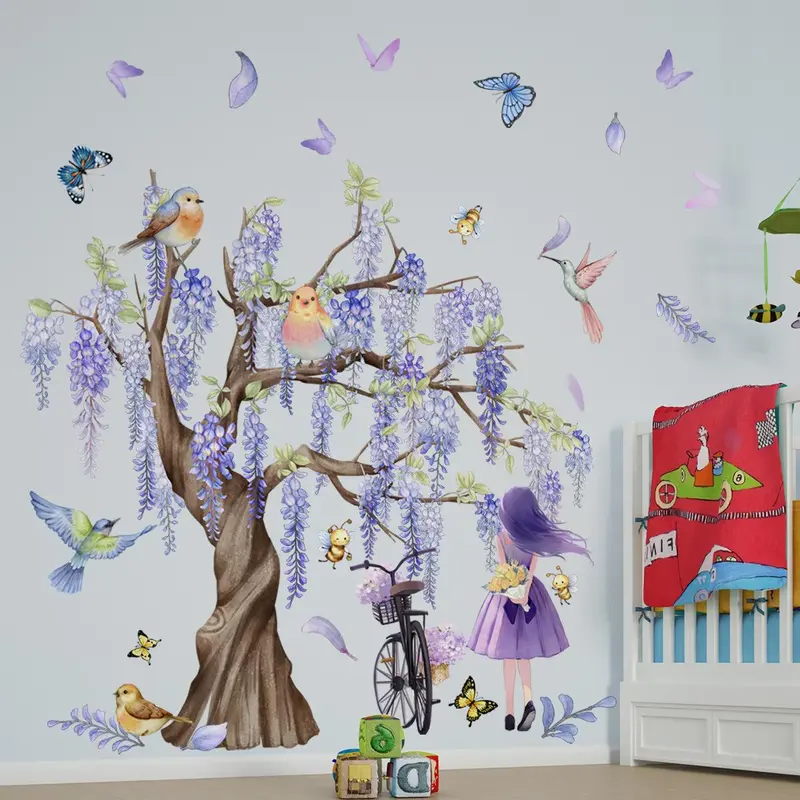 Cartoon Girl & Bird & Wisteria Tree Pattern Pattern Wall Sticker, 4counts/set Cute Decorative Stickers, DIY Wall Decor for Home Living Room Bedroom Kindergarten 3