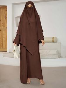 Women's Solid Color Bishop Sleeve Abaya & Hijab Two-Piece Set, Modest Round Neck Long Sleeve Dress & Hijab for Daily Wear, Women's Islamic Clothing for All Seasons